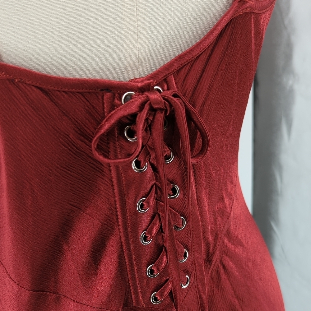 01437 Forever 21 Lace Up Satin Slip Maxi Dress Rustic Red Size Large evening - Picture 6 of 8